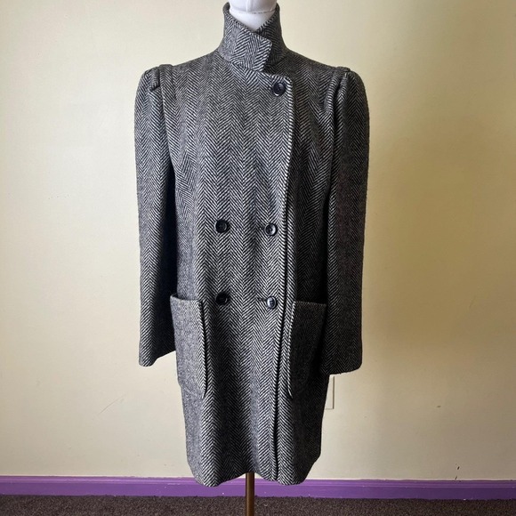 Vintage Jackets & Blazers - Herringbone Wool Coat Womens 13/14 Gray Black Double Breasted Vintage